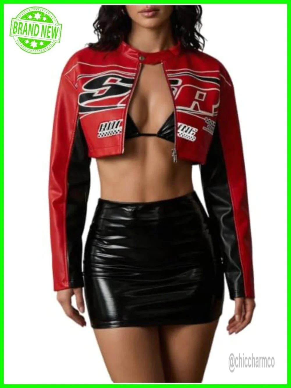 Women's Cropped Motorcycle Jacket Polyester Long Sleeve Button